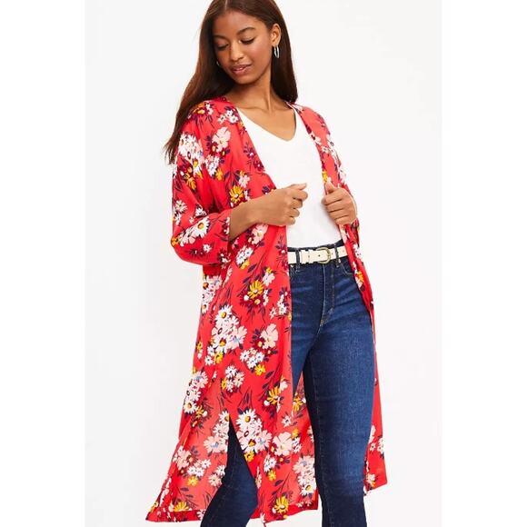 New LOFT Duster Wrap Kimono Red Floral Lightweight Summer Layering M/L Boho - Picture 3 of 11
